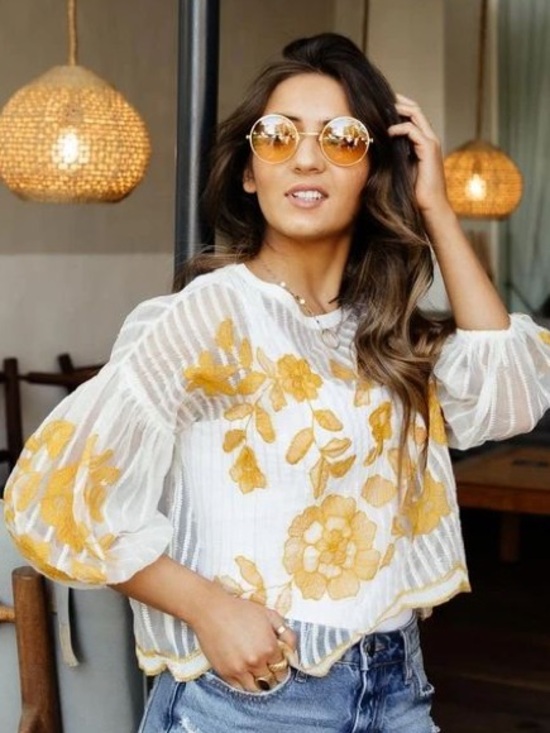 bohme Tops - Bohme White Sheer Floral Embroidered Top with Yellow Flowers